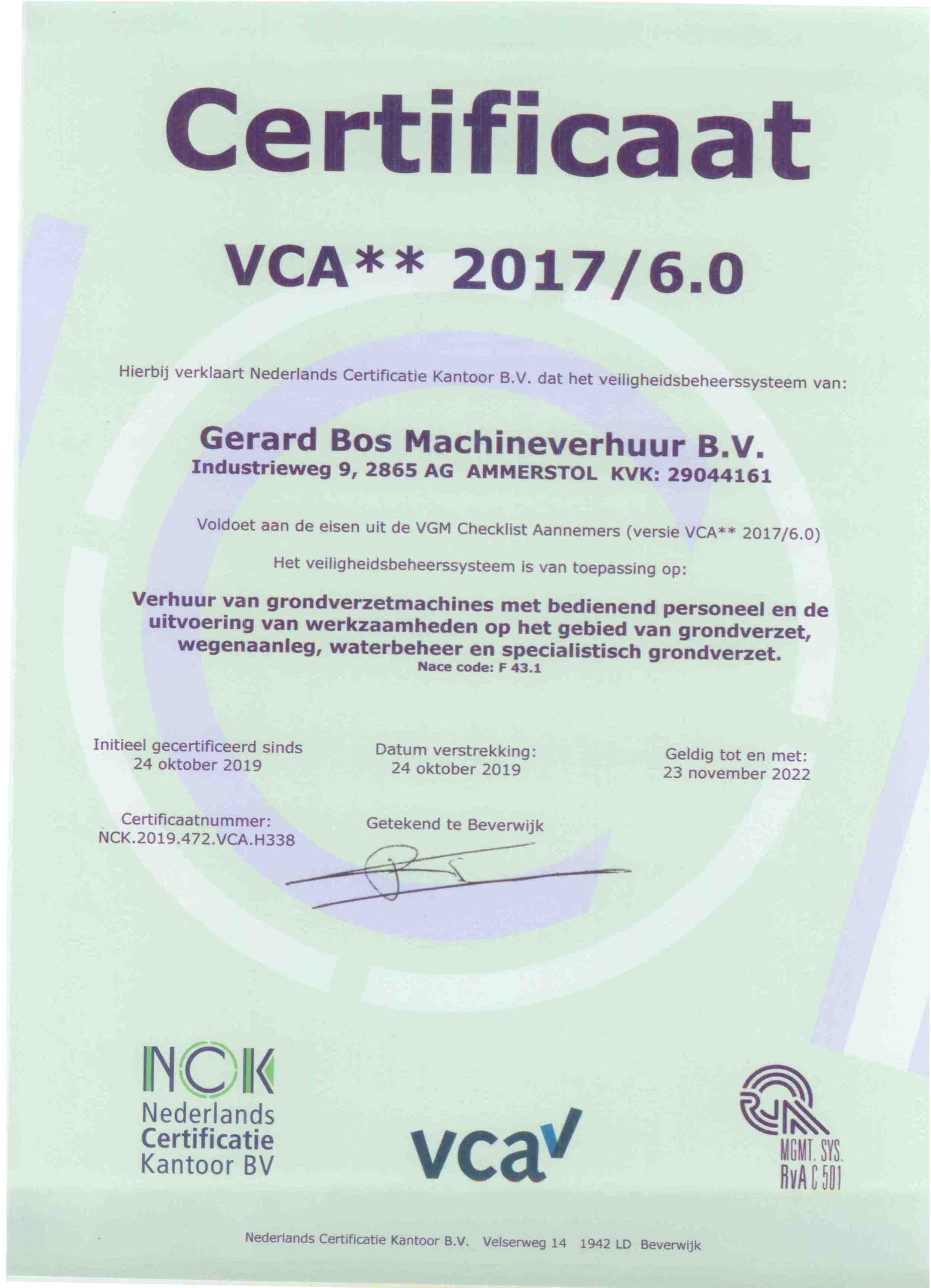 MVO – Veiligheid, Certificaat - Gerard Bos